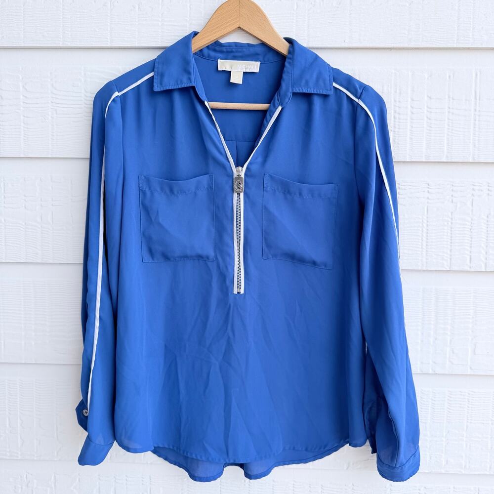 Michael Kors Blue Zip Neck Blouse Roll Tab Sleeves Size Medium Coastal
